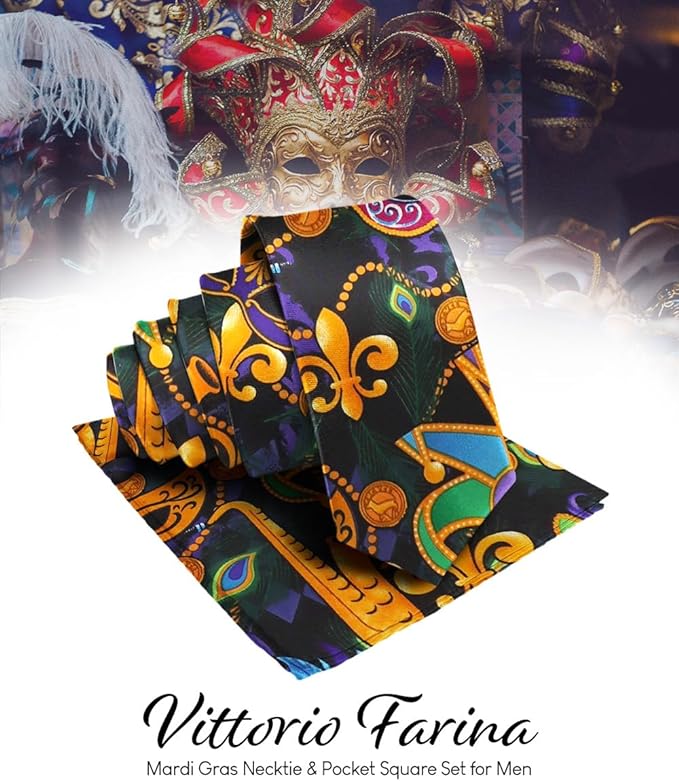Vittorio Farina Men's Mardi Gras Satin Necktie and Pocket Square