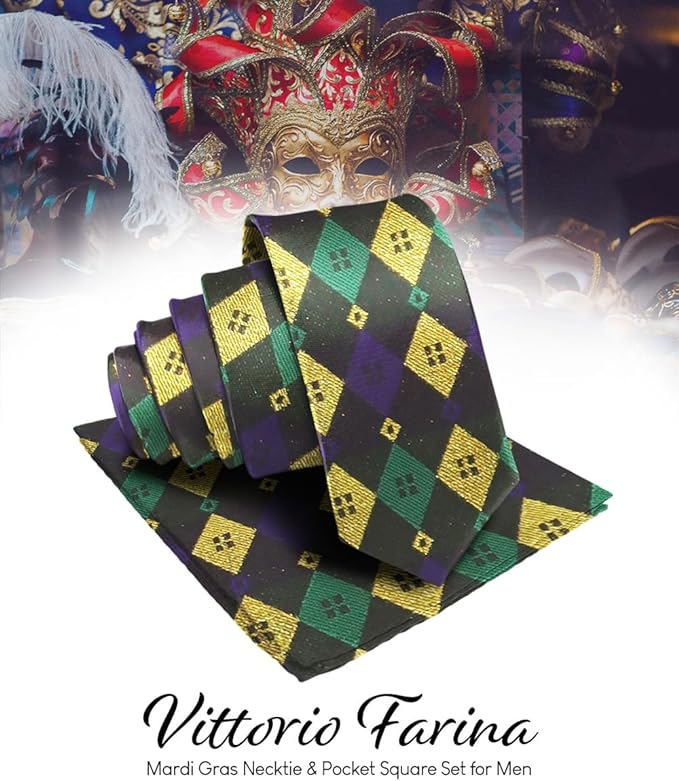 Vittorio Farina Men's Mardi Gras Satin Necktie and Pocket Square