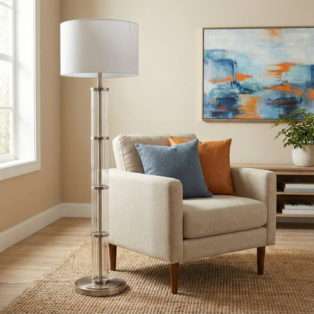 Nimbus Brushed Nickel Floor Lamp with 3-Way Rotary Switch Clear Glass Body  Metal Base
