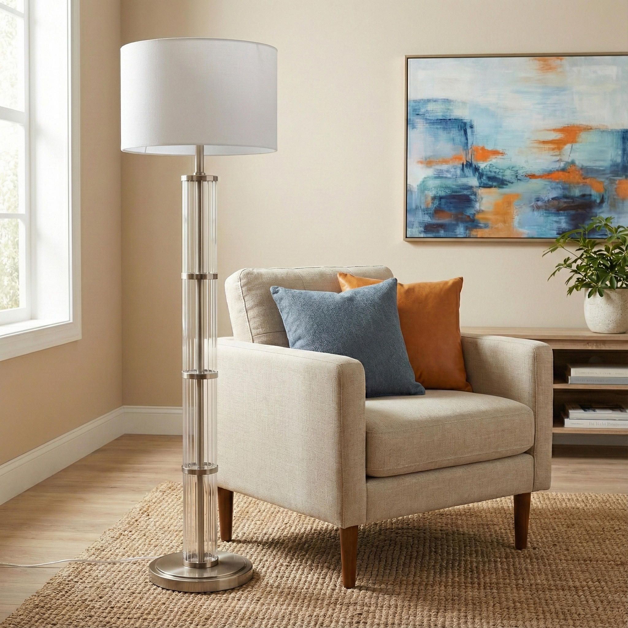 Nimbus Brushed Nickel Floor Lamp with 3-Way Rotary Switch Clear Glass Body  Metal Base