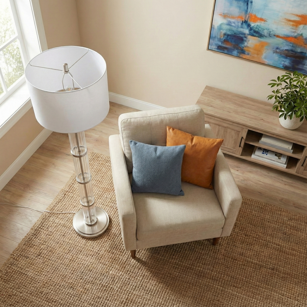 Nimbus Brushed Nickel Floor Lamp with 3-Way Rotary Switch Clear Glass Body  Metal Base