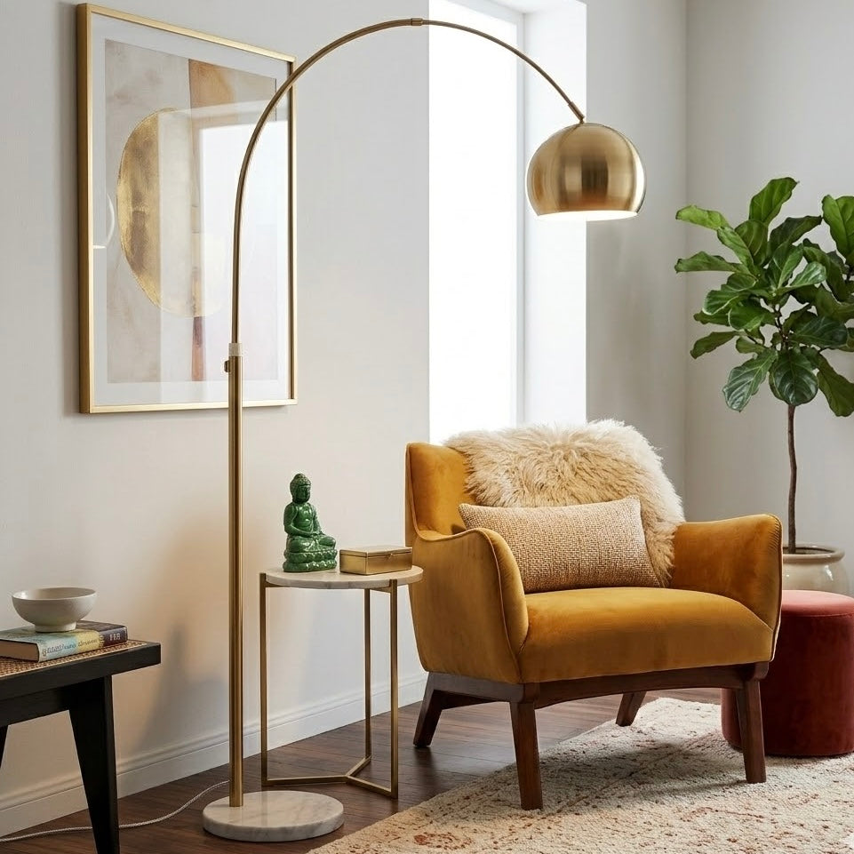 Oasis Long Arm Gold Brass Adjustable Floor Lamp with Round White Marble Base
