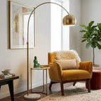 Oasis Long Arm Gold Brass Adjustable Floor Lamp with Round White Marble Base