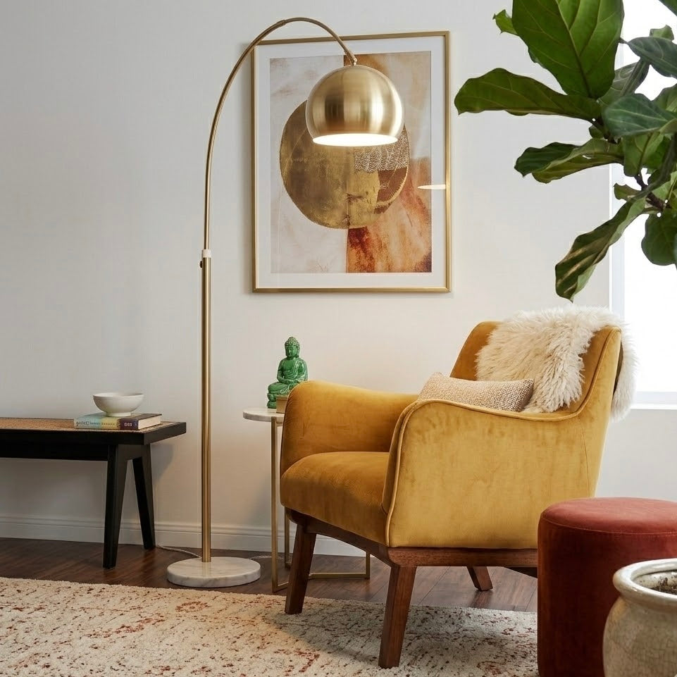 Oasis Long Arm Gold Brass Adjustable Floor Lamp with Round White Marble Base