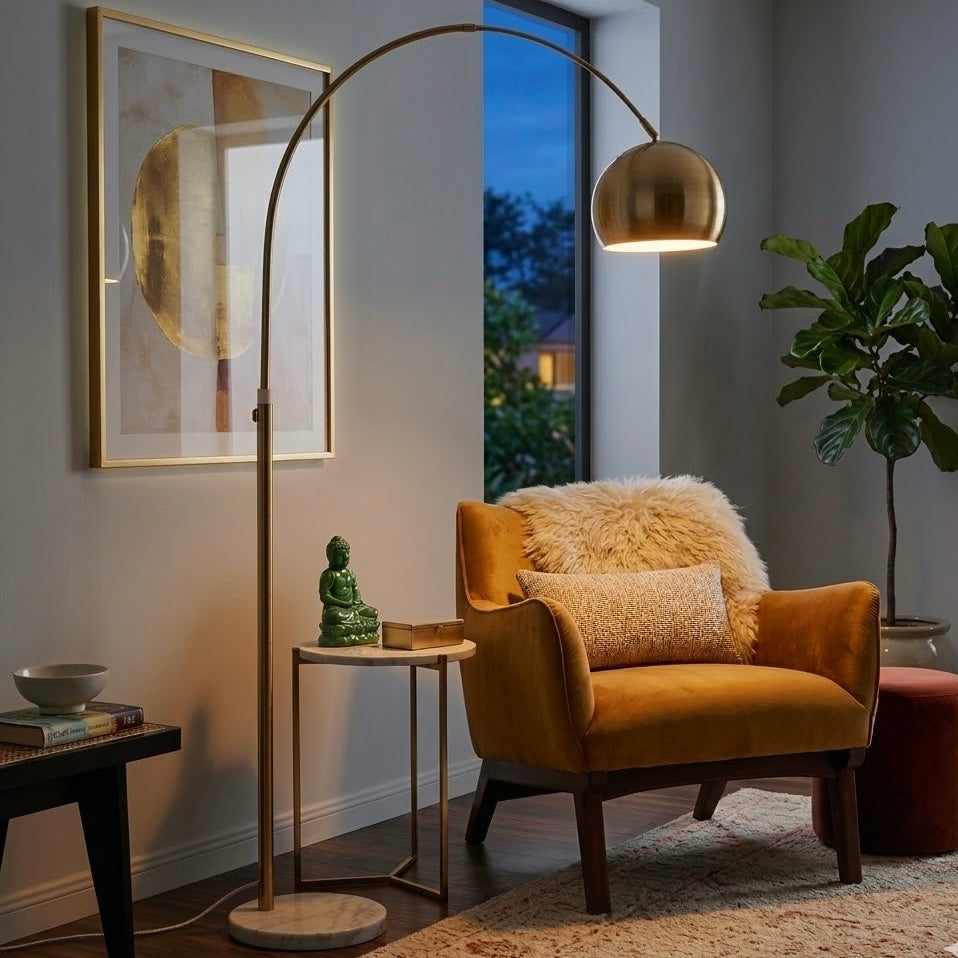 Oasis Long Arm Gold Brass Adjustable Floor Lamp with Round White Marble Base