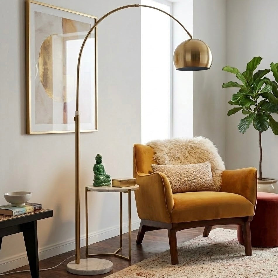 Oasis Long Arm Gold Brass Adjustable Floor Lamp with Round White Marble Base