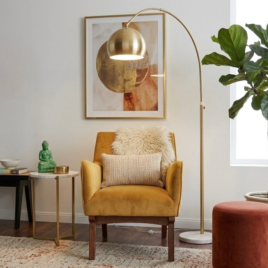 Oasis Long Arm Gold Brass Adjustable Floor Lamp with Round White Marble Base