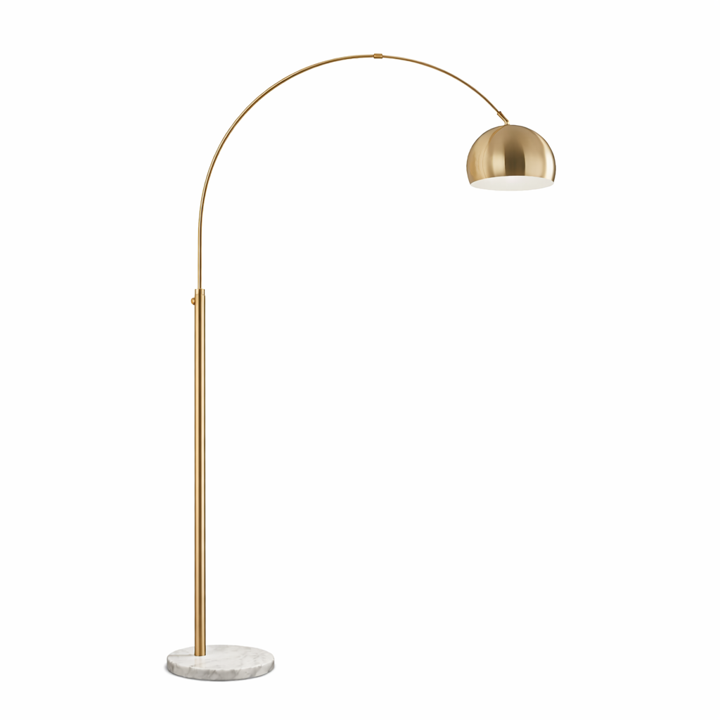 Oasis Long Arm Gold Brass Adjustable Floor Lamp with Round White Marble Base