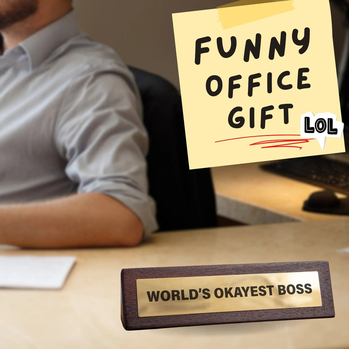 😆World’s Okayest Boss Wooden Desk Sign w/ Gold Plaque 🏆 Funny Office Gag Gift