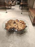 Olive Wood Rustic Coffee Table Featured Glass On Top
