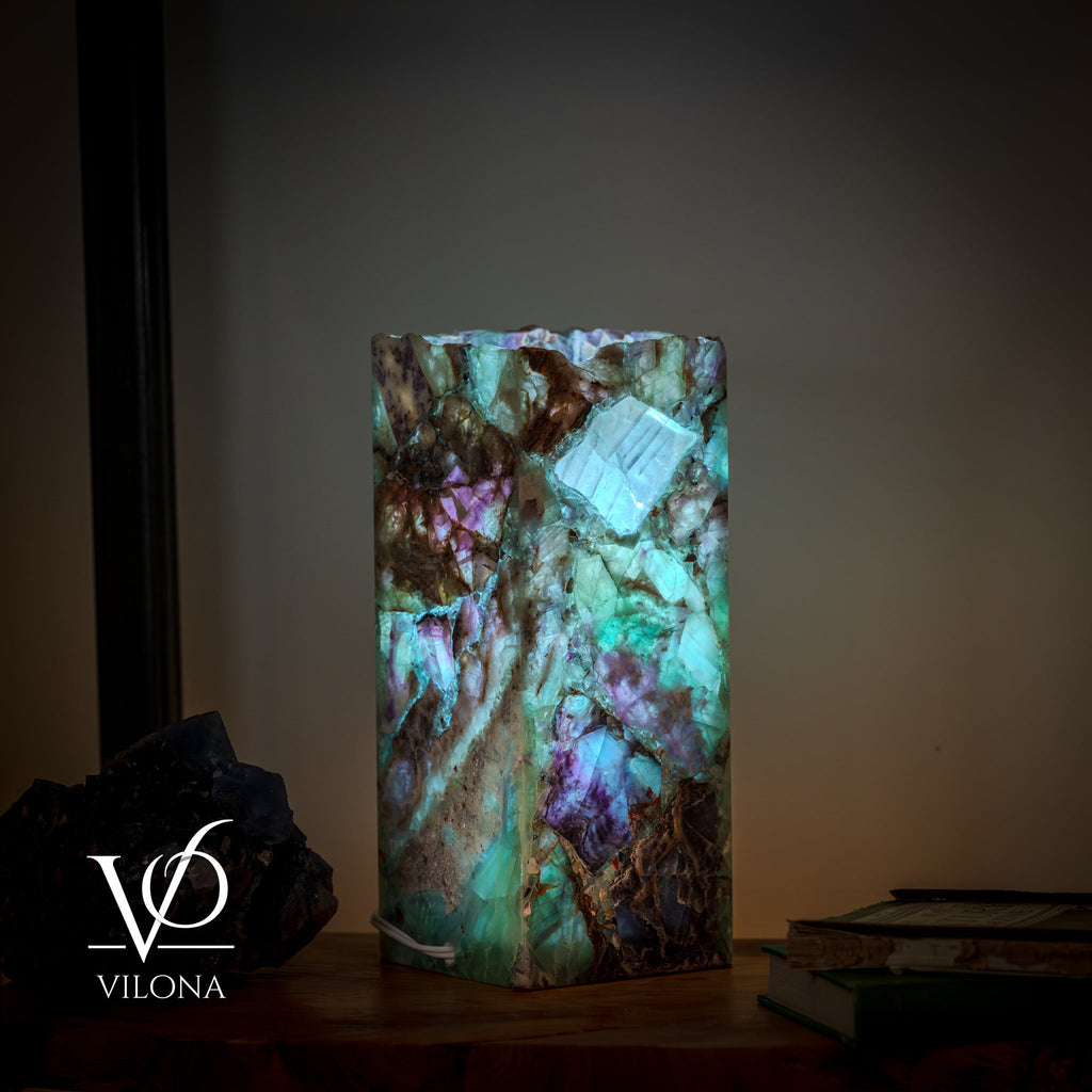 Fluorite Table Lamp - 12.5" Tall, 5"x5" Live Edge Square - (Small #18)
