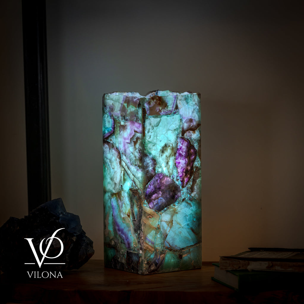 Fluorite Table Lamp - 12.5" Tall, 5"x5" Live Edge Square - (Small #18)