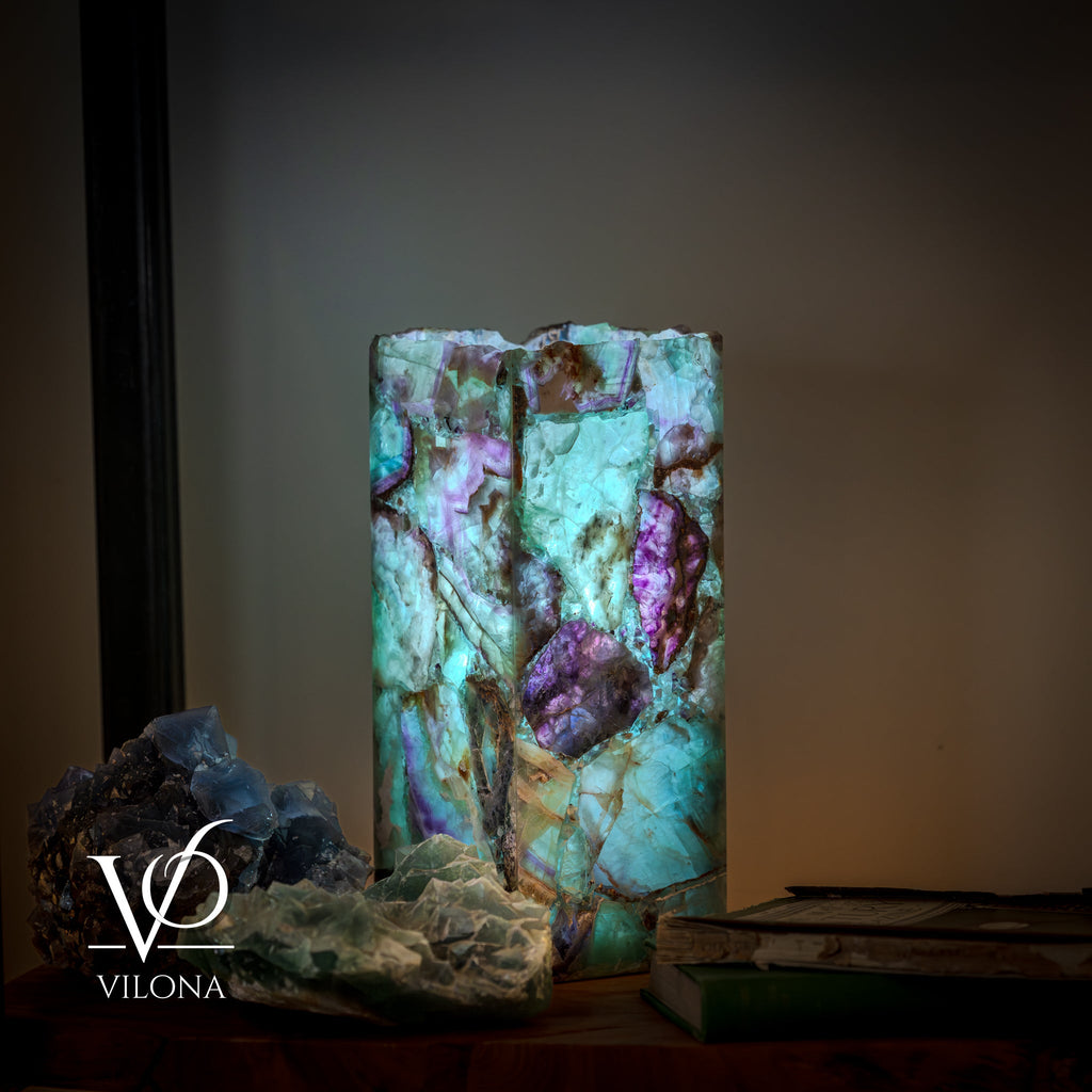 Fluorite Table Lamp - 12.5" Tall, 5"x5" Live Edge Square - (Small #18)