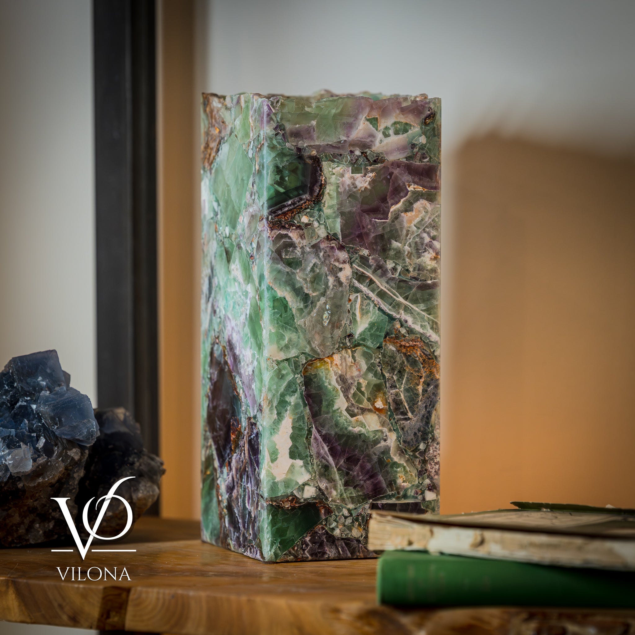 Fluorite Table Lamp - 12.5" Tall, 5"x5" Live Edge Square - (Small #18)