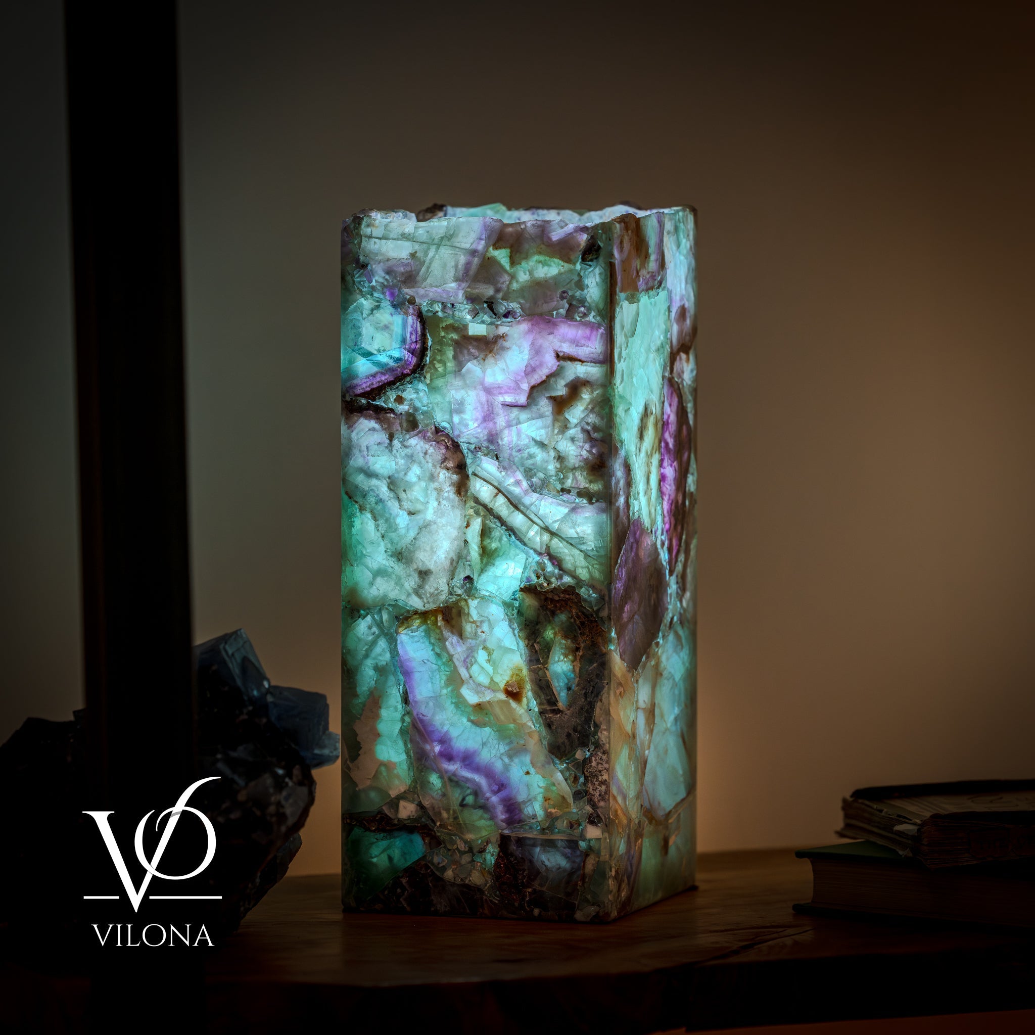 Fluorite Table Lamp - 12.5" Tall, 5"x5" Live Edge Square - (Small #18)
