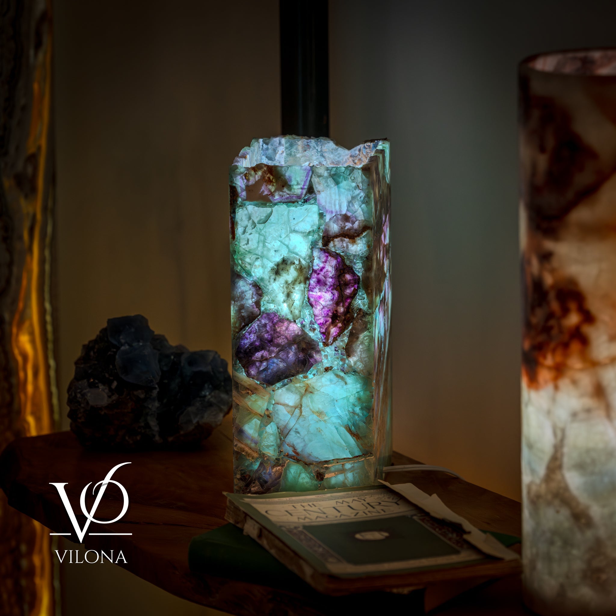 Fluorite Table Lamp - 12.5" Tall, 5"x5" Live Edge Square - (Small #18)