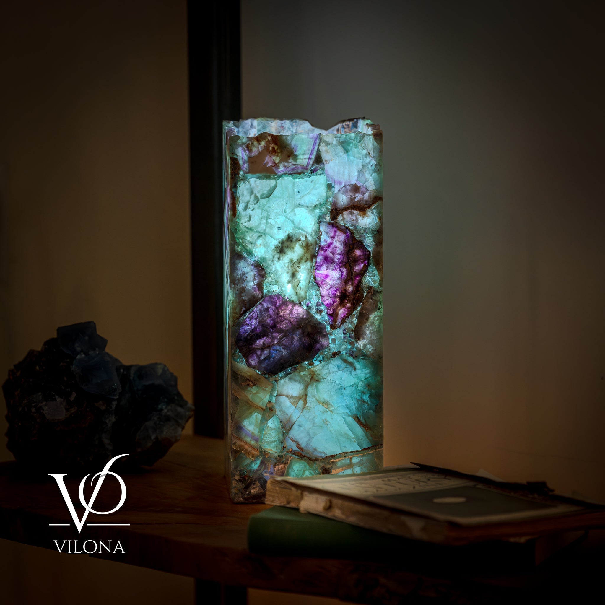 Fluorite Table Lamp - 12.5" Tall, 5"x5" Live Edge Square - (Small #18)