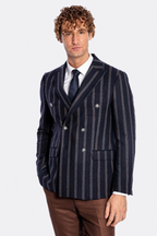 Wide Lapel Striped Double Breasted Navy Blue Men Blazer - Wessi
