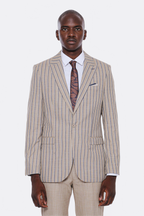 Striped Blazer Plain Pants Beige Men Suit - Wessi