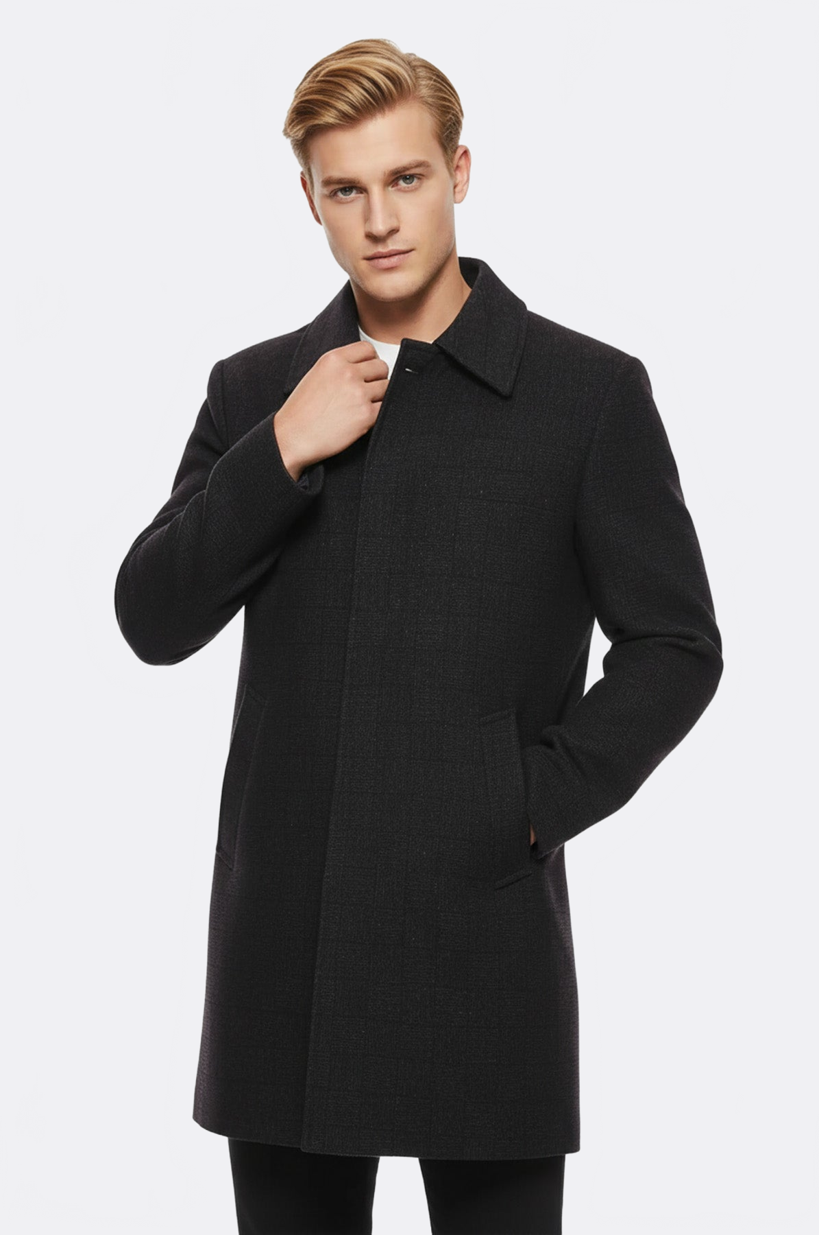 Burgundy Checked Hidden Button Peak Lapel Coat - Wessi