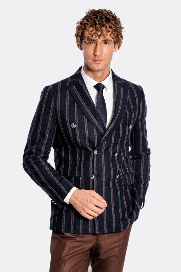 Wide Lapel Striped Double Breasted Navy Blue Men Blazer - Wessi