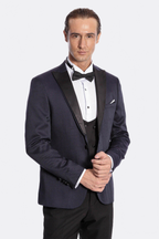 Patterned Combined Navy Blue Men Tuxedo - Wessi