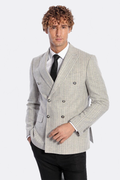 Wide Lapel Striped Double Breasted Grey Men Blazer - Wessi