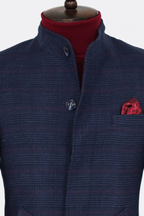 Standing Collar Checked Navy Blue Men Coat - Wessi