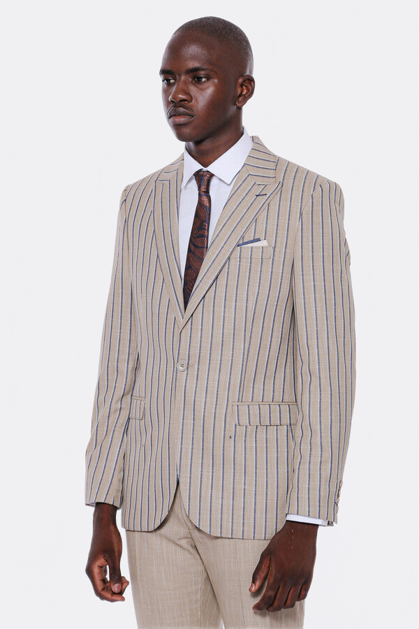 Striped Blazer Plain Pants Beige Men Suit - Wessi