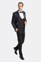 Patterned Combined Navy Blue Men Tuxedo - Wessi