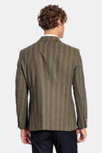 Wide Lapel Striped Double Breasted Green Men Blazer - Wessi