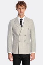 Wide Lapel Striped Double Breasted Grey Men Blazer - Wessi