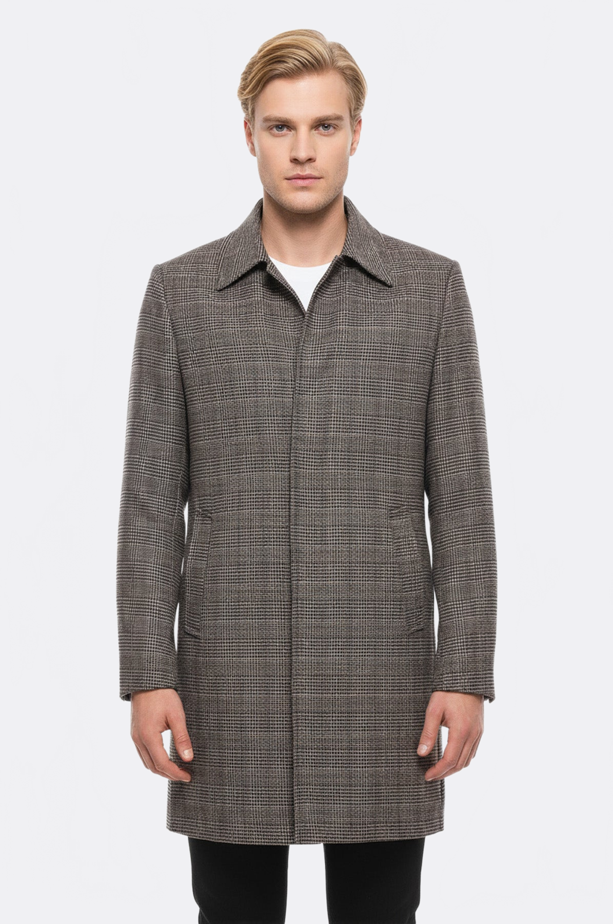 Brown Checked Hidden Button Coat - Wessi