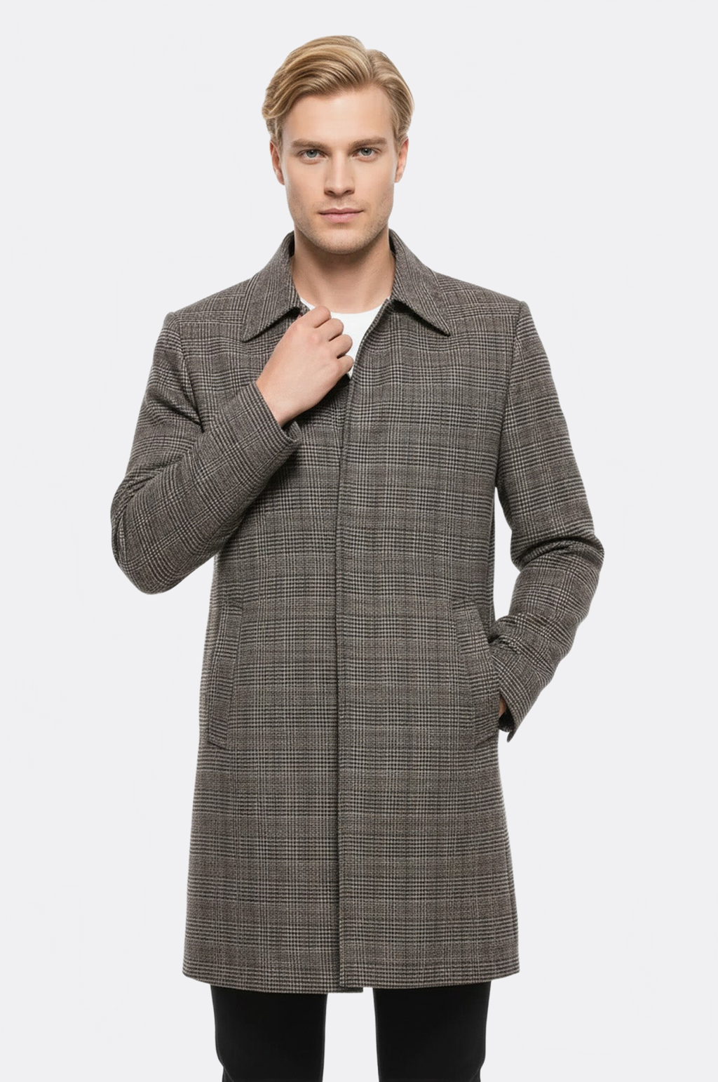 Brown Checked Hidden Button Coat - Wessi