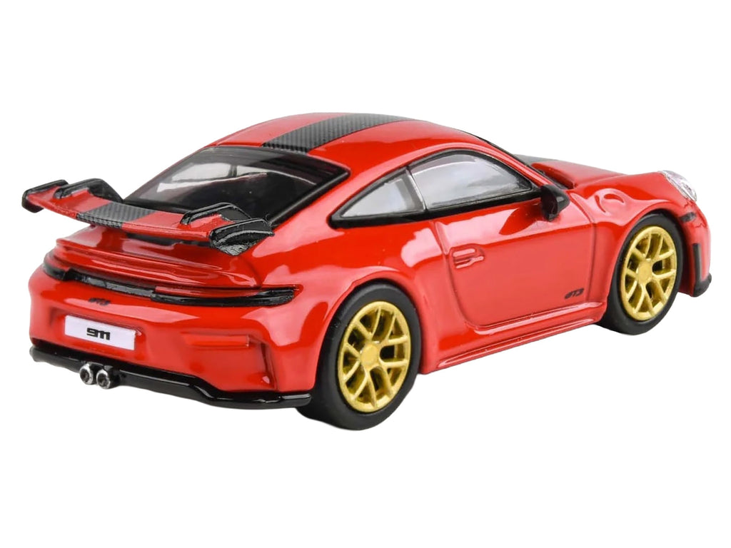 2025 Porsche 911 GT3 (992.2) Guards Red with Carbon Stripe and Gold Wheels 1/64 Diecast Model Car by Paragon Models