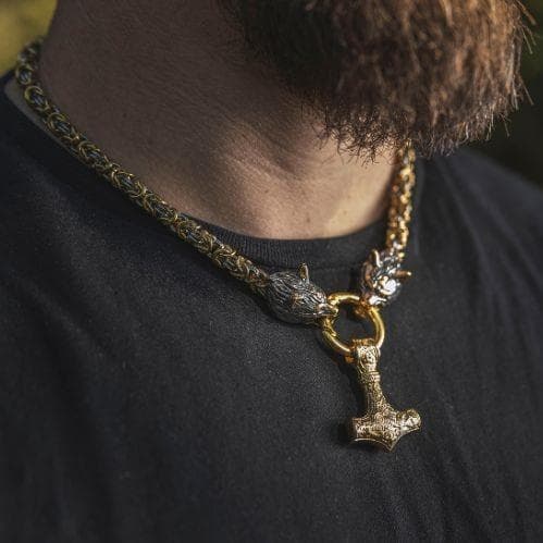 Vikings Wolf Mjolnir Stainless Steel King Chain Necklace