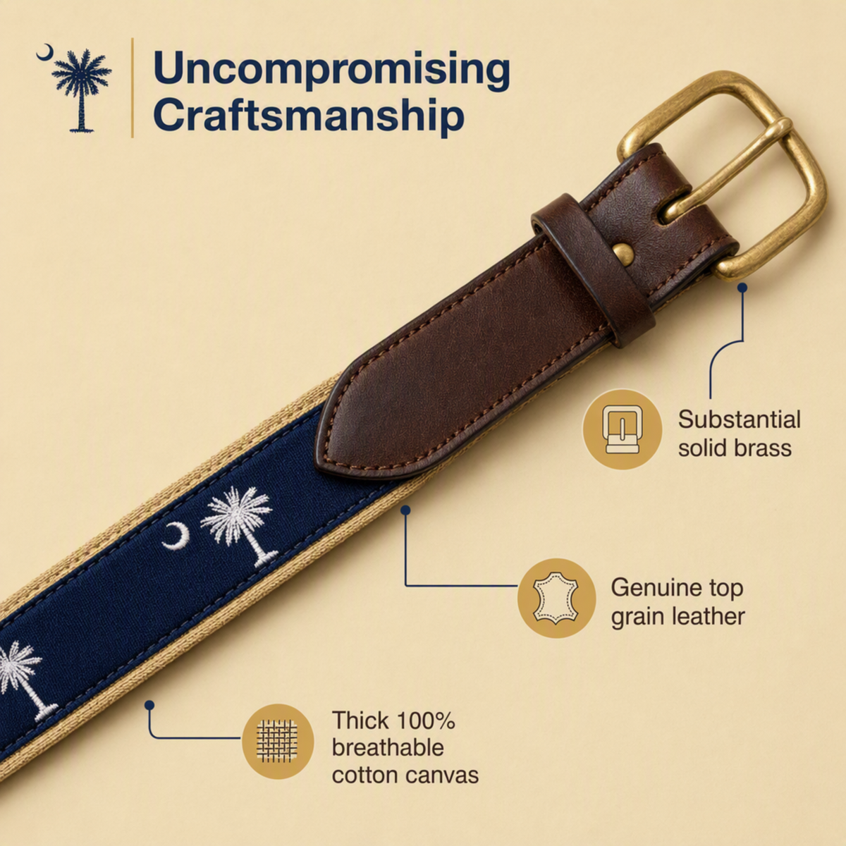 Navy on Khaki - South Carolina Crescent Moon Palmetto State Flag Belt