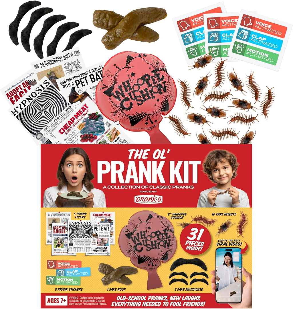 31 Piece Prank Kit – Funny Practical Joke Set Fake Poop, Whoopee, Insects, Flyers etc.
