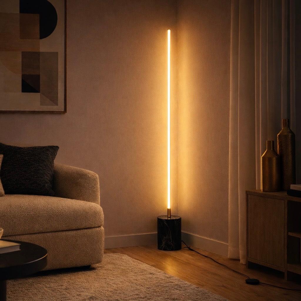 Prism Brassed Gold LED Floor Lamp with On/Off Switch Faux Marble Base