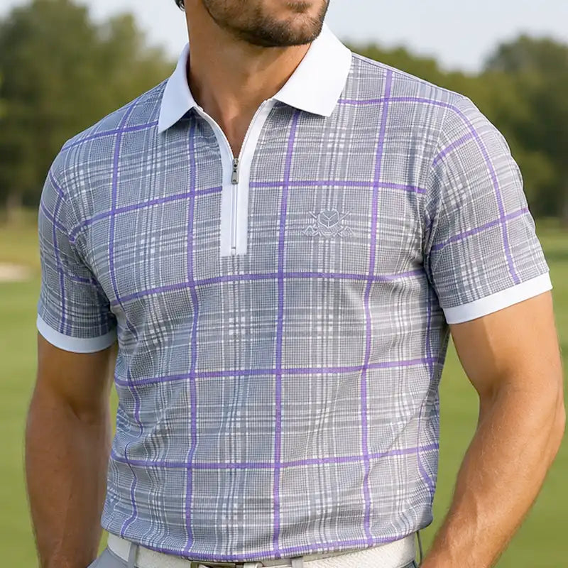 HT Plaid Cool-Stretch Men's Golf Shirt - Purple/Grey