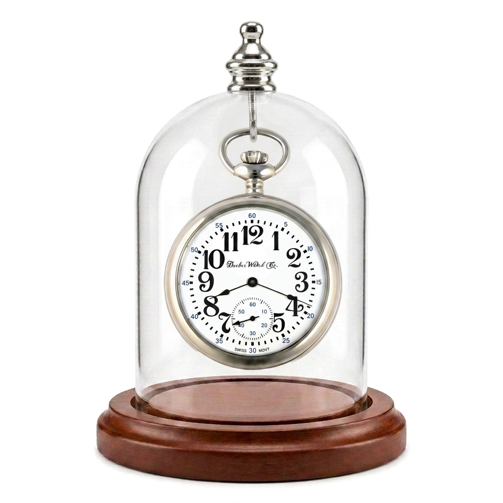 Pocket Watch Glass Display Dome Cloche Silver Knob & Hook Walnut Stained Base 3"x4"