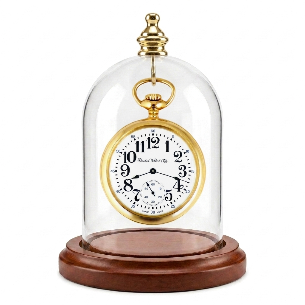 Pocket Watch Glass Display Dome Cloche Gold Knob & Hook Walnut Stained Base 3"x4"