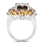 6.72 Carat Genuine Smoky Quartz, Citrine and White Diamond .925 Sterling Silver Ring
