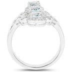 1.54 Carat Genuine Aquamarine and White Zircon .925 Sterling Silver Ring