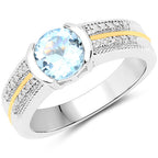1.37 Carat Genuine Aquamarine and White Diamond 14K Yellow Gold with .925 Sterling Silver Ring