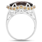 Two Tone Plated 9.58 Carat Genuine Smoky Quartz & Citrine .925 Sterling Silver Ring