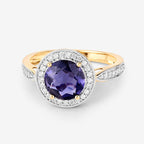 1.79 Carat Genuine Iolite and White Diamond 14K Yellow Gold Ring