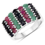"3.40 Carat Genuine Emerald, Ruby and Black Sapphire .925 Sterling Silver Ring
