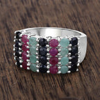 "3.40 Carat Genuine Emerald, Ruby and Black Sapphire .925 Sterling Silver Ring