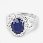 3.31 Carat Genuine Blue Sapphire and White Diamond 14K White Gold Ring